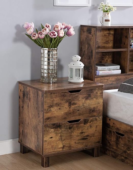Amazon Com Y2103 Mid Century Modern Nightstand Finished In Distressed Wood Color 2 Drawer Home Organizer For Bedroom Kitchen Dining