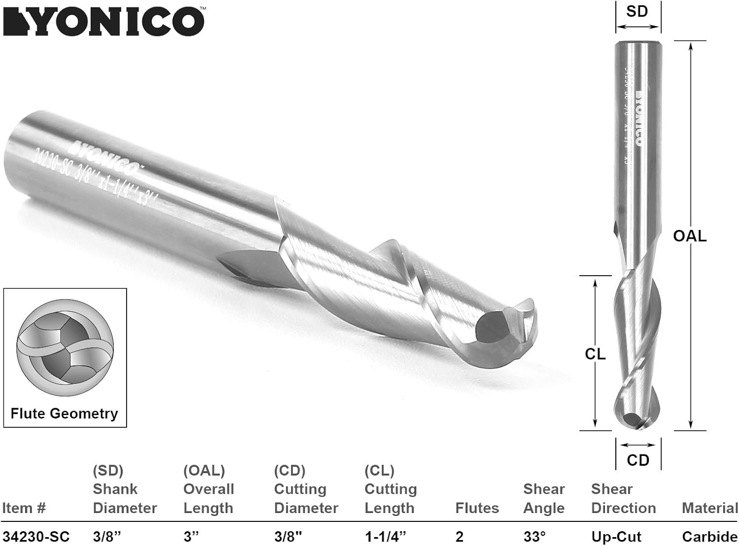 Yonico 34230-SC - Ball Nose Spiral End Mill CNC Router Bit, Diameter: 3/8", Cutting Height: 1-1/4", Flutes: 2-3/8" Shank - Image 3