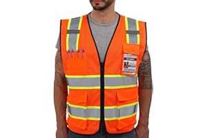 Dib Safety Reflective Mesh Vest High Visibility Two Tone with Pockets and Zipper, ANSI Class 2 Compliant, Orange Mesh with Yellow Trim L