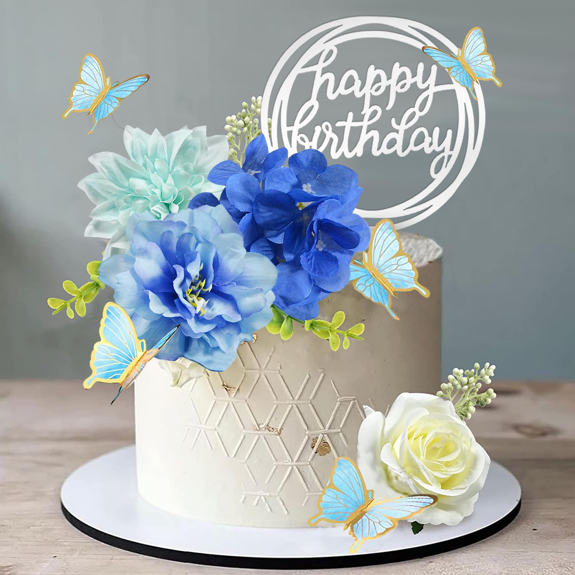 Photo 1 of 19 PCS Flower Cake Toppers Butterfly Cake Decorations Happy Birthday Cake Toppers with Artificial Blue Rose Flowers Eucalyptus Butterflies for Girls Birthday Party Wedding Baby Shower Supplies (Blue)