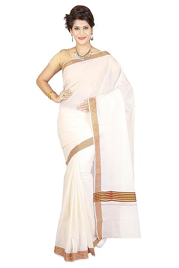 kerala kasavu saree in stripe border with running blouse fabric (JIS SAREE 56)