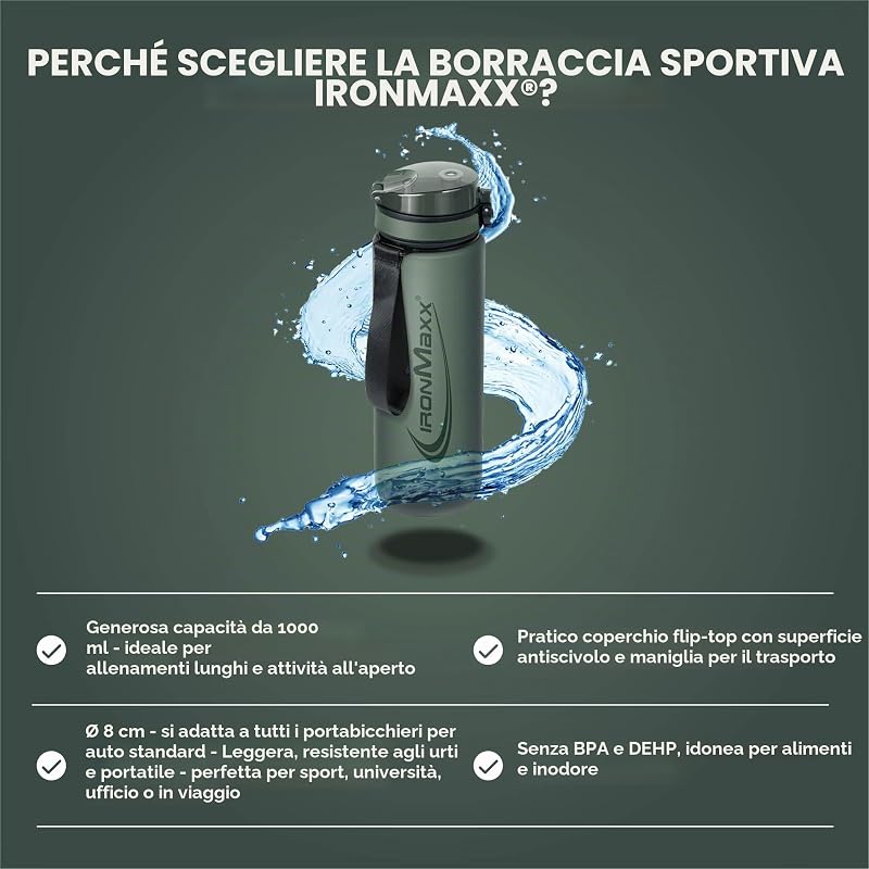 Sport Water Bottle - Mineral Green 1000ml | Borraccia robusta e antigoccia con tappo a vite | BPA-free e riutilizzabile | Per sport, viaggio, giorno