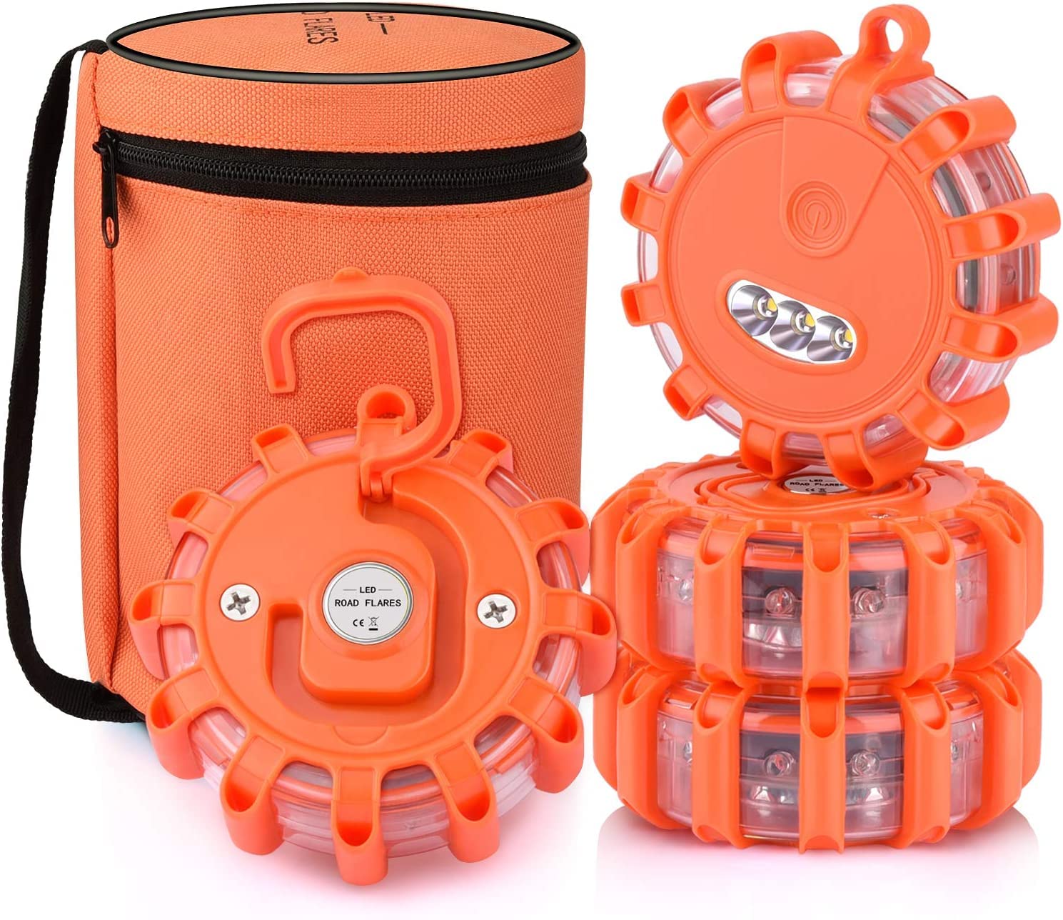Wanme LED Road Flare, Emergency Disc Beacon with 9 Flash Modes, Magnetic Base & Hook Storage Bag Roadside Flashing Warning Lights for Car Truck Boats (4)