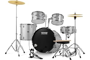 VEVOR Adult Drum Set, 5-Piece 22" Complete Full Size Drumset for Adults, with Adjustable Throne Bass Toms Snare Floor Stands Cymbal Hi-Hat Pedal and Drumsticks, Beginner Drum Kit, Silver