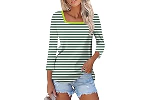 ROKIACDE 3/4 Length Sleeve Womens Tops,Basic Striped Tshirts Shirts Summer 2024 Gym Blouse Plus Size Athletic Tunic Top