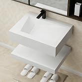 GESIPOR Wall-Mounted Resin Stone 24" Bathroom Sink, Seamless Integrated Vessel Sink with Sloped Design &amp; Open Storage Shelf, Modern Floating Vanity for Bathrooms &amp; Outdoor Spaces