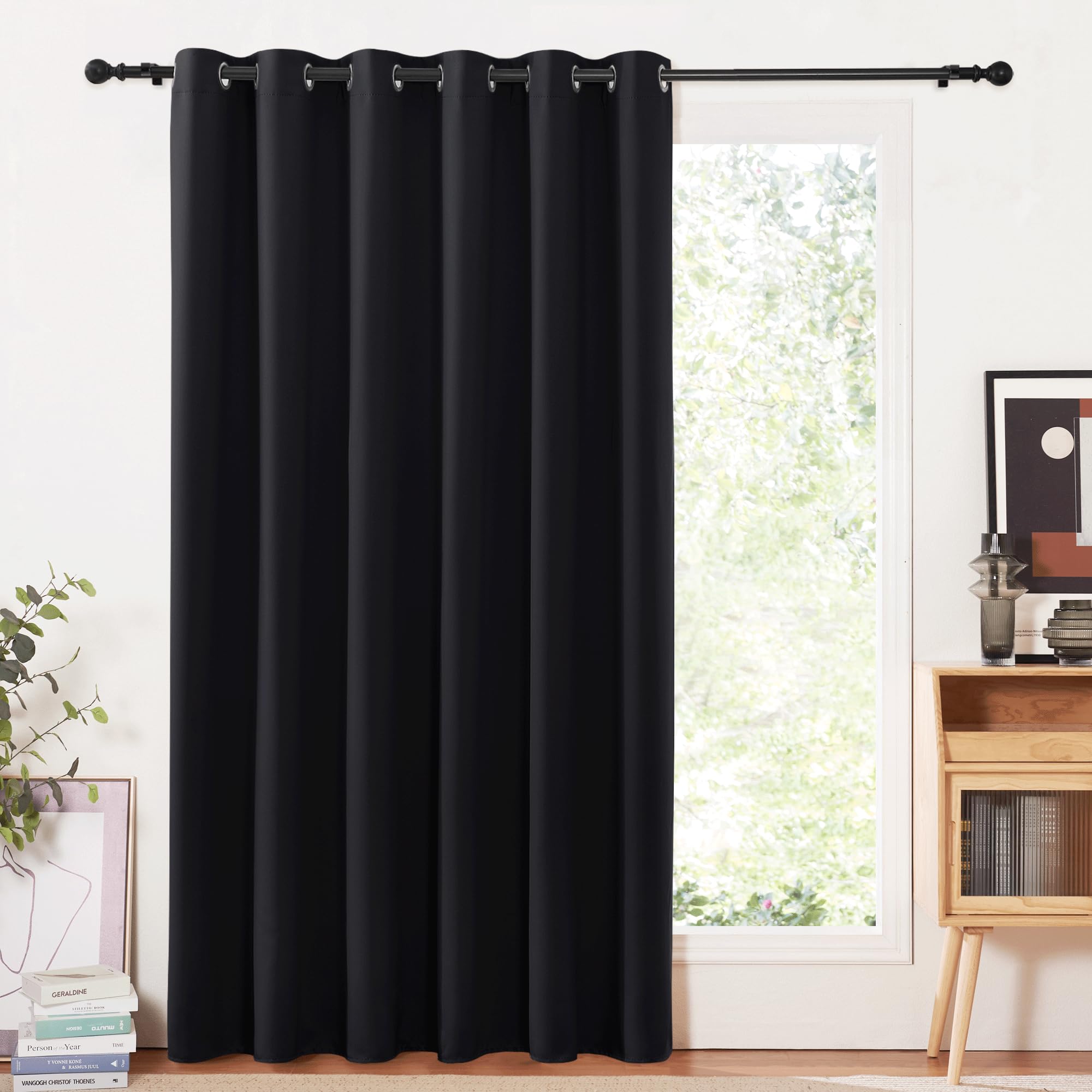 PONY DANCE Extra Long Blackout Curtain - Eyelet Thermal Curtain for Living Room Decoration Bedroom Hotel Room Divider Drapery for Energy Saving, 1 Panel, 80 x 84 Inch (W x D), Black