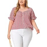 Agnes Orinda Women's Plus Size Gingham Tops 1950s Sweetheart Neck Flounce Sleeve Summer Blouse Top