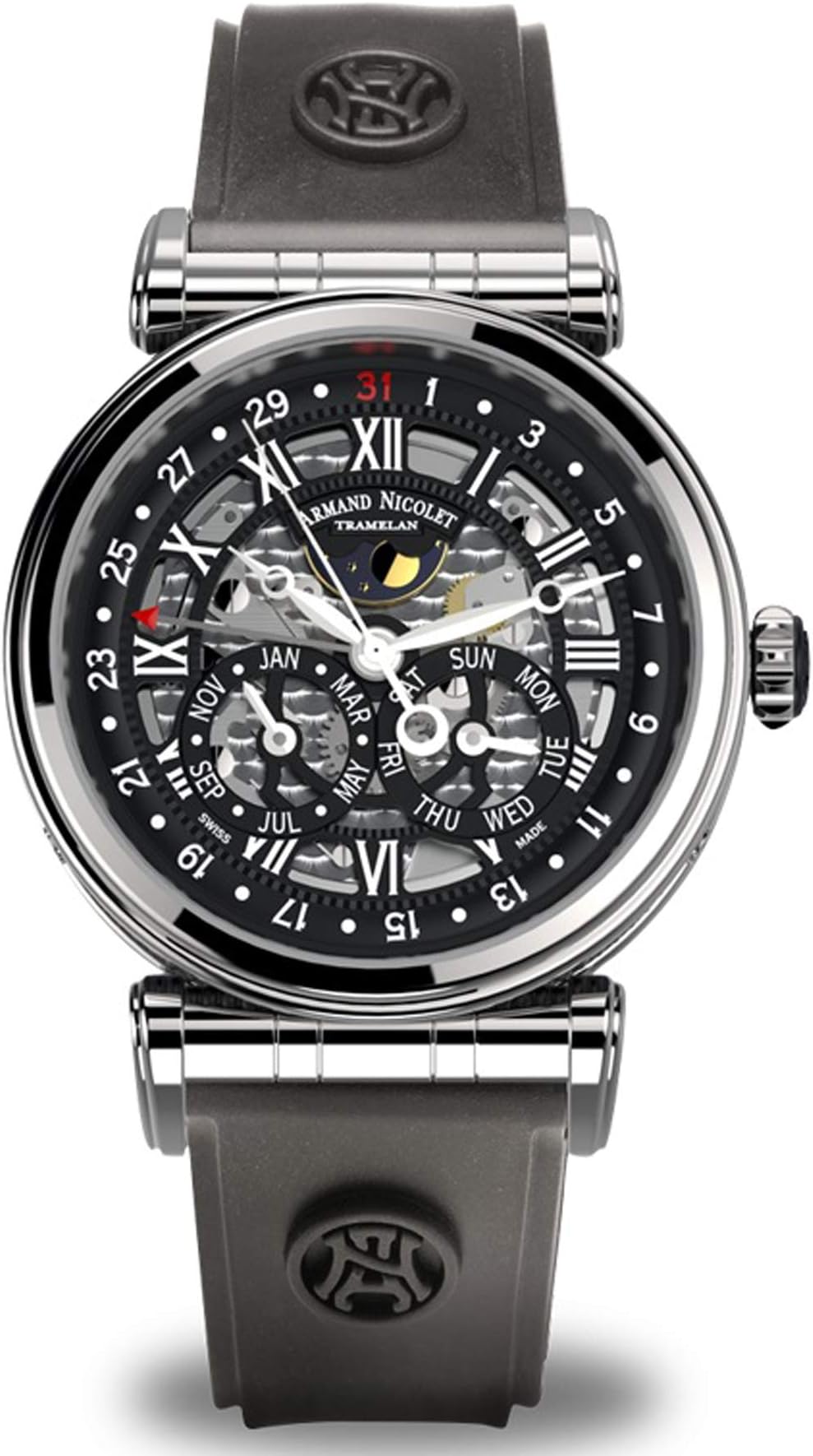 Reloj armand nicolet ar2 a422ana-nr-g9660 automático calendario completo fase Lunar Mens Analogue Mechanical Hand-Wind Watch with Rubber Bracelet A422ANA-NR-G9660