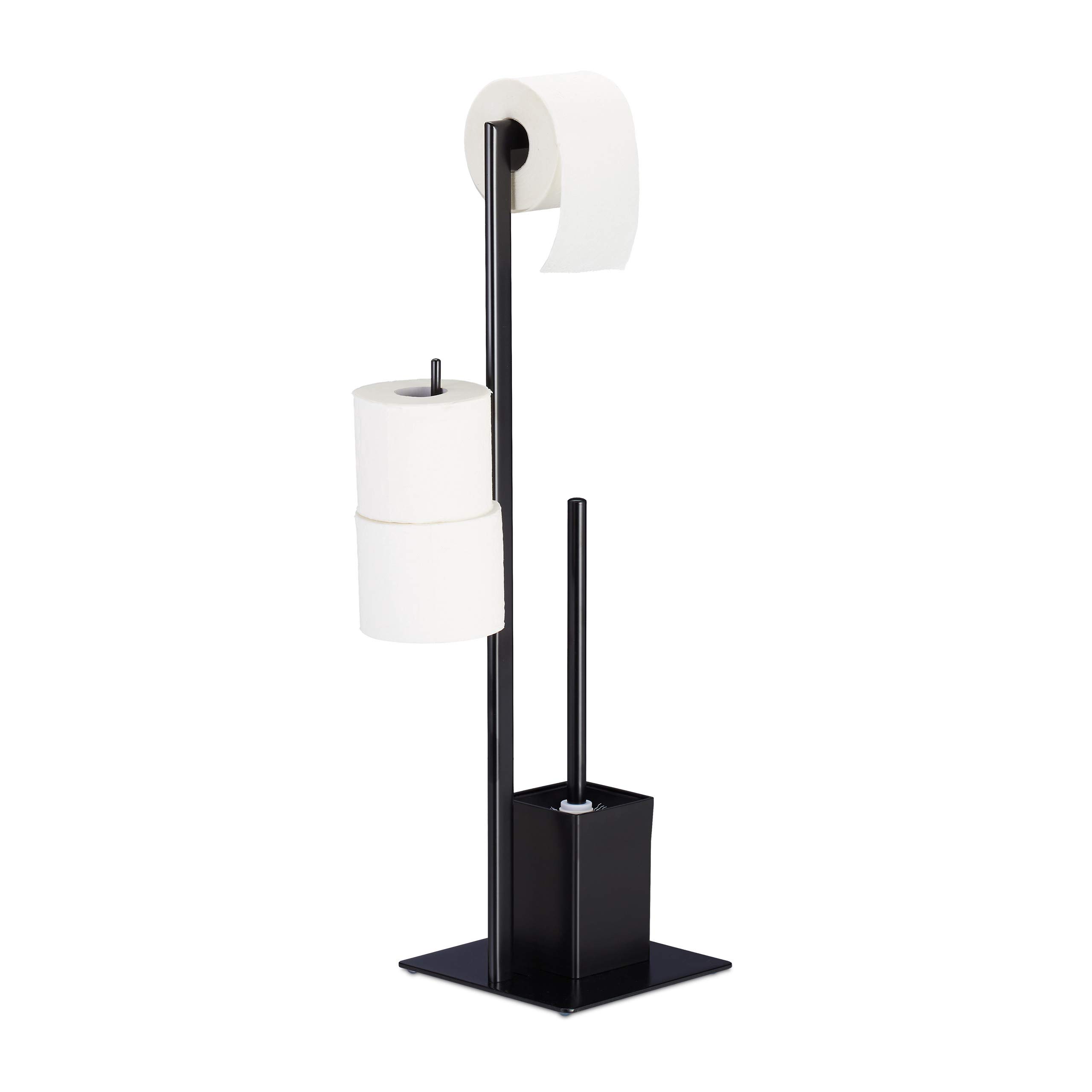 Relaxdays WC Set with Paper Roll Stand, Toilet Brush & Holder, Bathroom Accessories, HxWxD: 72 x 25 x 20 cm, Black