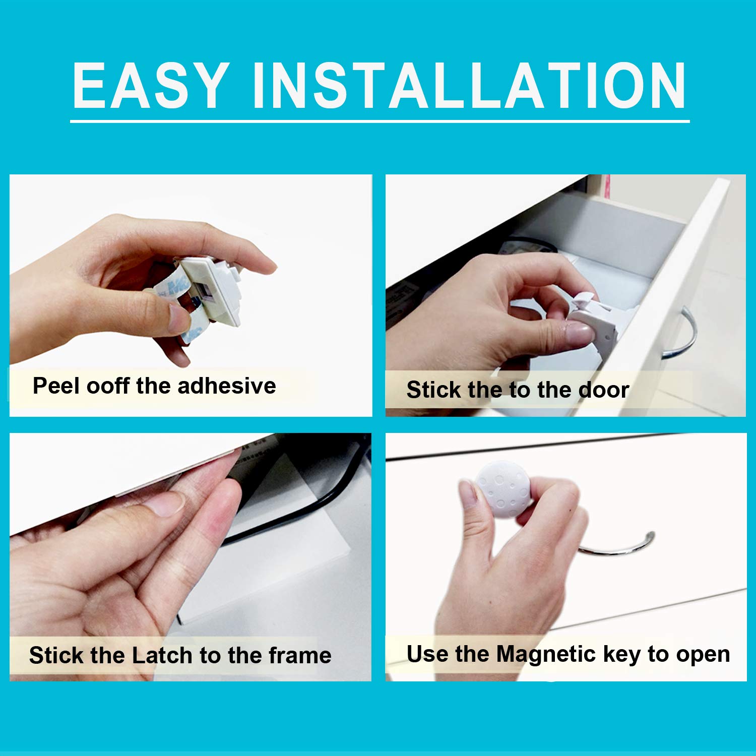 Magnetic Cabinet Locks - Baby Safety Locks, Childproof Cabinet Latch for Baby Proofing Cabinets, Drawers and Locking Cupboard - No Tools Needed (10 Locks with 1 Keys)