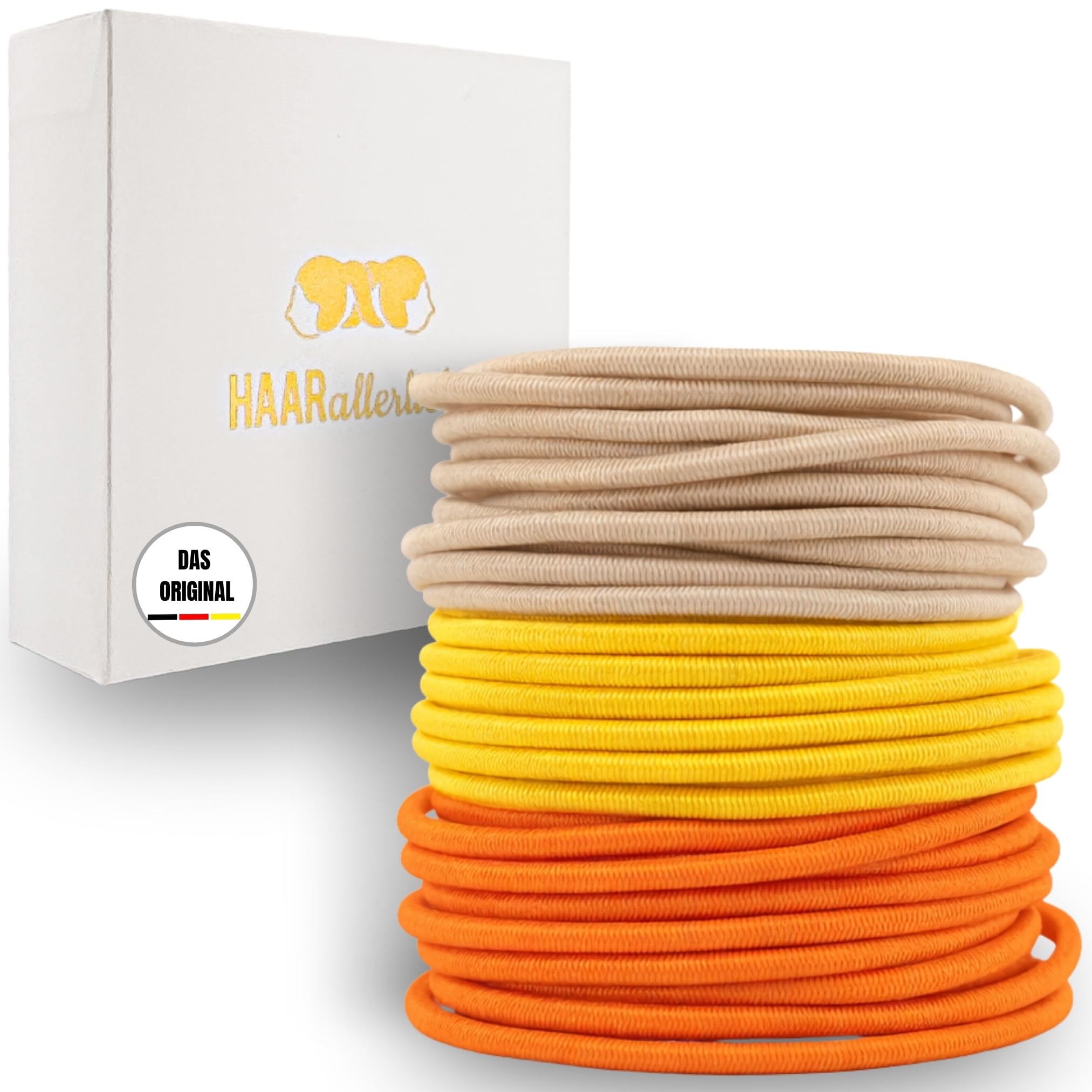 HAARallerliebst Extra Thin Hair Bobbles (Pack of 30) Beige, Yellow, Orange 4.5 cm with Box for Storage (Box Colour: White)