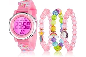 NEWITIN 4 Pieces Girls Watch Bracelets Set Multifunctional 7 Color Lights Digital Sport Alarm Stopwatch 3D Waterproof Unicorn Watch Jewelry Set for Girls 3-10 Years Old Kids