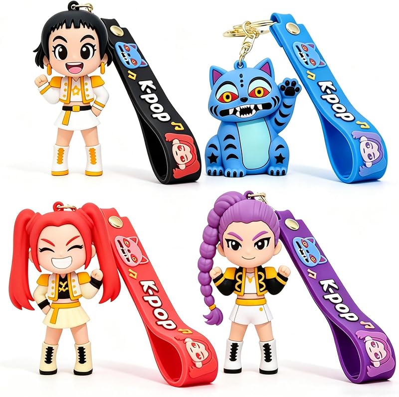 Duende 4 Pack Demon Hunters Keychain Set,Cute Doll Figurine Collectible,Demon Hunters Merch for Fans, Bag Charm & Toys Gift
