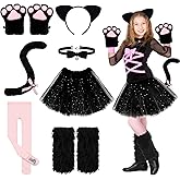 Haull 8 Pcs Halloween Kitten Cat Costume Accessories Girl Cat Ear Tail Gloves Bell Choker Necklace Tights Skirt Calf Sleeves