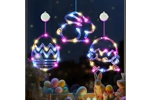 LOLStar Easter Window Lights, Easter Window Decorations, 3 Pack Easter Egg Chick and a Bunny Shaped Multicolor Hanging LED Lights with Suction Cup, Battery Operated Indoor Lights for Home Decor
