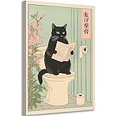 COYIKC Japanese black cat on toilet Canvas Wall Art Funny bathroom print Toilet poster Japanese Cat Wall Decor Pictures Aesthetic Minimalism Artwork Neutral Painting Home Decoration,12x16in