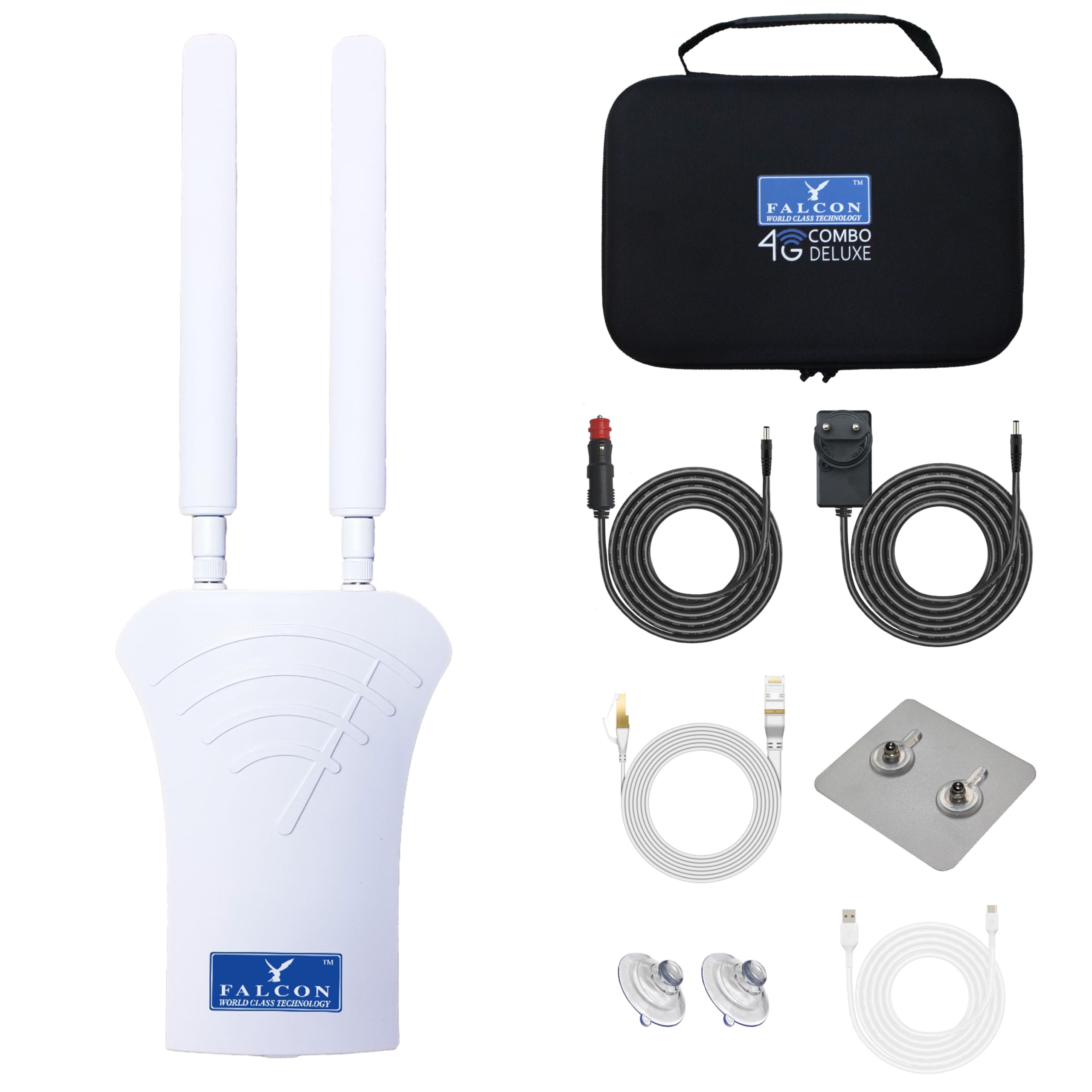Falcon Mobile WiFi Router 4G Combo Deluxe LTE Antenna with 150Mbps and Accessory Package for Mobile Internet in Caravans, Motorhomes, Vans, Cars, Internet Hotspot WiFi Router without SIM Card