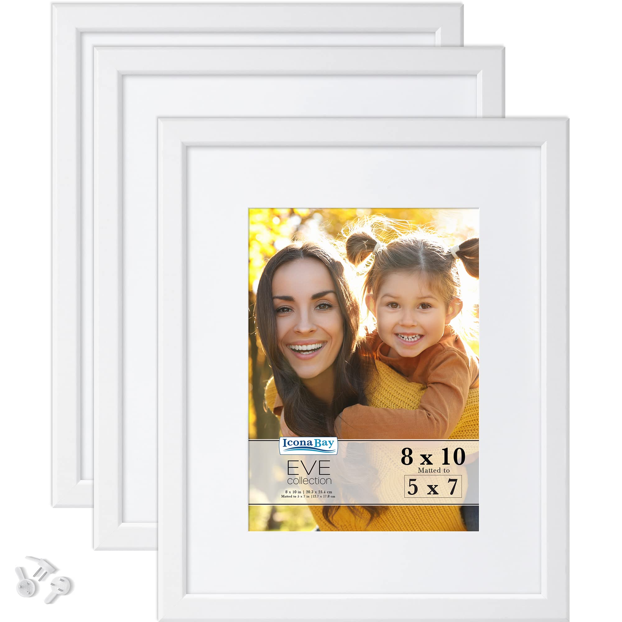 Icona Bay 10x8 Picture Frames w/Removable Mat to 7x5 (White, 3 Pack), Modern Double-Bevelled Frame, Tabletop or Wall Mount, Eve Collection