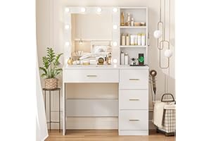 OTDMEL White Vanity Desk with LED Lighted Mirror, Makeup Vanity Desk with 4 Drawers Storage & Power Outlet, 3 Color Modes & Adjustable Brightness Vanitys Table for Bedroom, 37" W