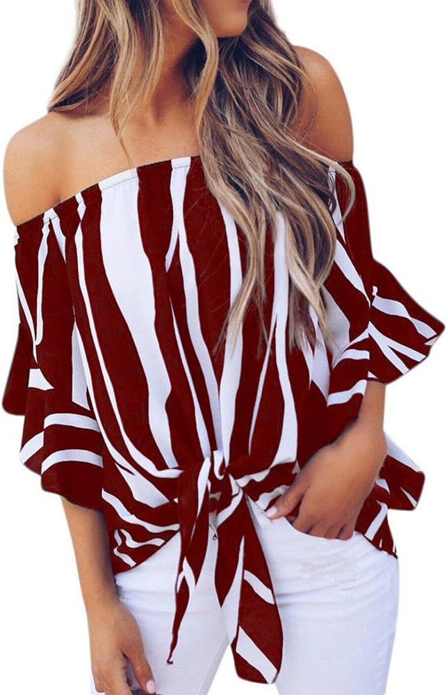 Sumen Women Striped Off Shoulder Bell Sleeve Shirt Tie Knot Casual Blouses Tops
