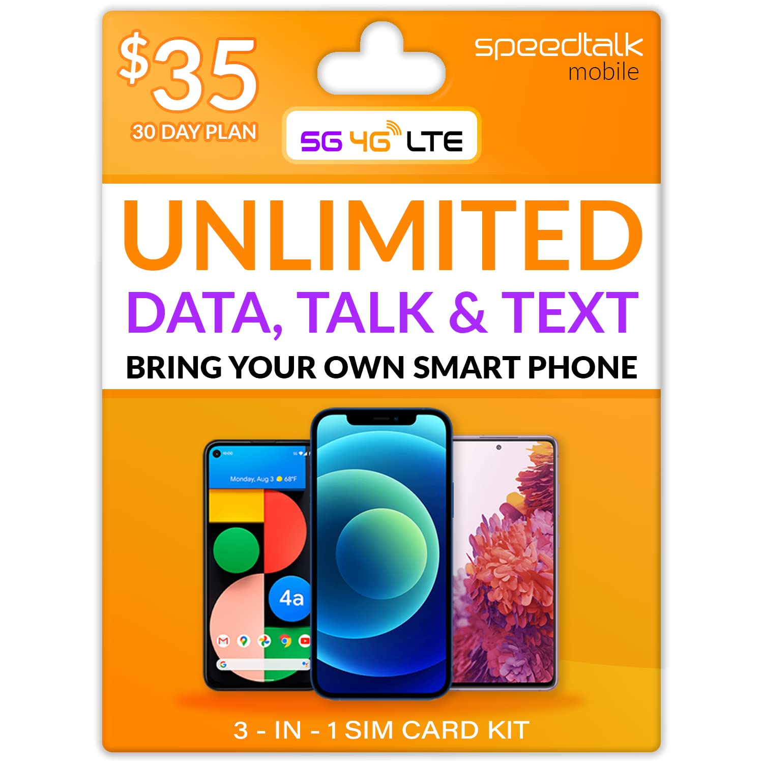 SpeedTalk Mobile $35 Preloaded Smart Phone SIM Card Kit | Unlimited MInutes Call & SMS Text + 10GB of 5G/4G LTE Then Unlimited Data at 2G Speed | 30 Days Wireless Cellphone Service Plan | USA Coverage