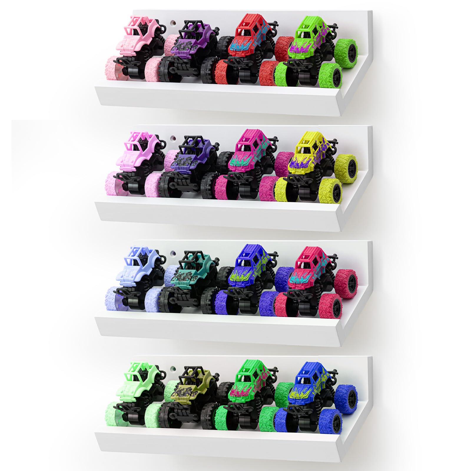 Photo 1 of Chunful 4 Pcs Wooden Monster Trucks Display Shelves 1: 64 Scale Model Storage Case with Tilted Design Wooden Die Cast Holder for 20 Monster Trucks