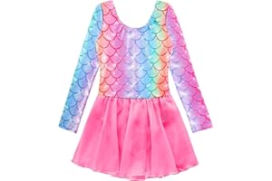 EQSJIU Long Sleeve Ballet Leotard with Tutu Skirt for Girls Dance Gymnastics Toddlers Sparkly Snowflake Party Dress Kids