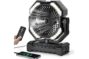 covozon 20000mAh Portable Misting Fan, USB Rechargeable Camping Fan with LED Light, Battery Operated for Outdoor, Tents, Beach, Travel - 250mL Water Tank & Hook Included, Black.