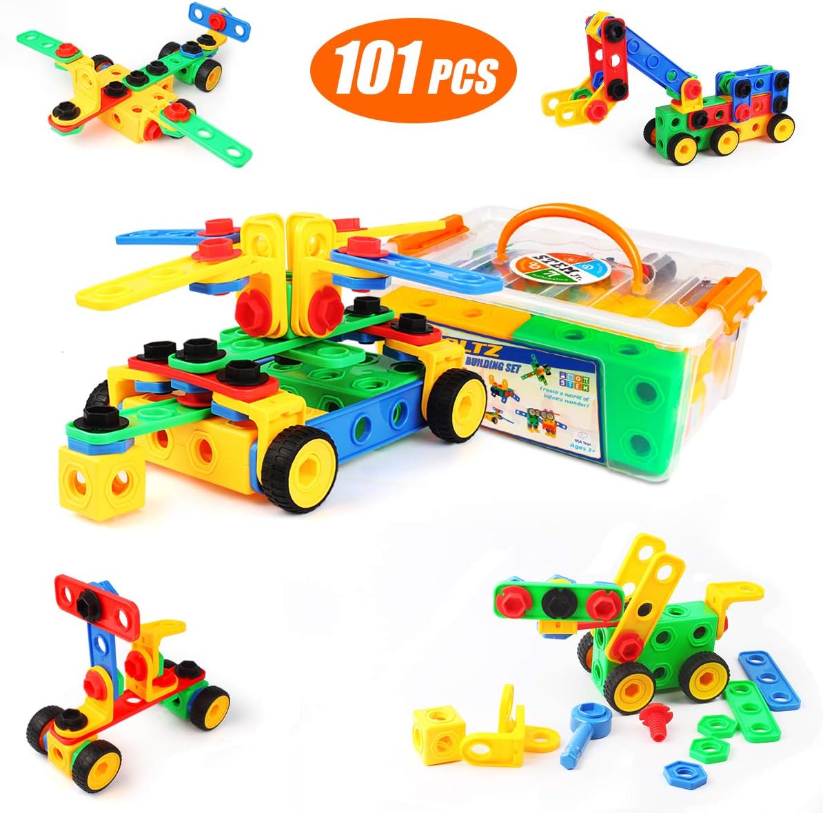 KIDCHEER STEM Building Blocks 101PCS Set - Construction Engineering Building Toys Set Educational Toys for Boys & Girls with Storage Box