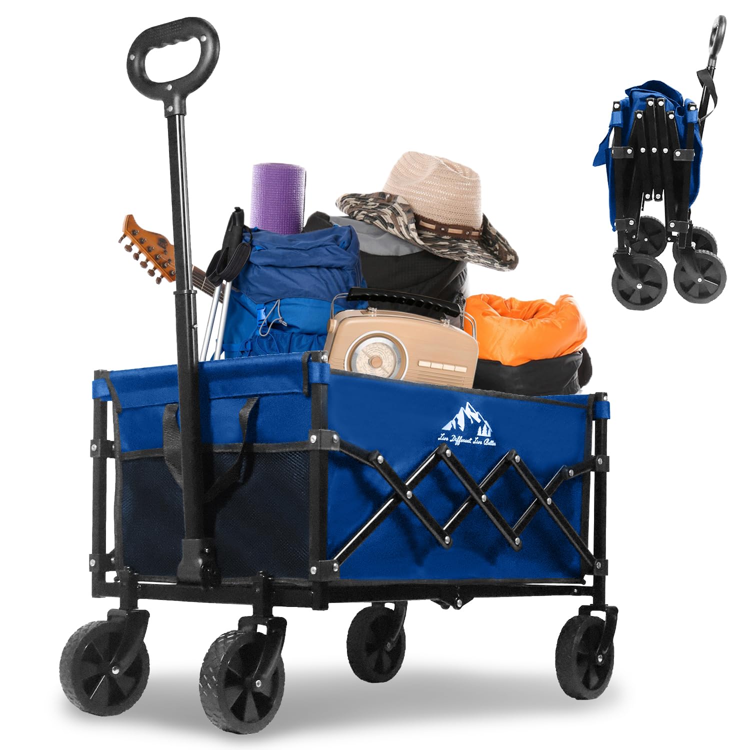 Photo 1 of SAILARY Collapsible Wagon 352LBS Capacity, Foldable Large Wagons Carts, Heavy Duty Outdoor Folding Wagon with All-Terrain Wheels, Utility Garden Beach Wagon with Storage Bag Blue