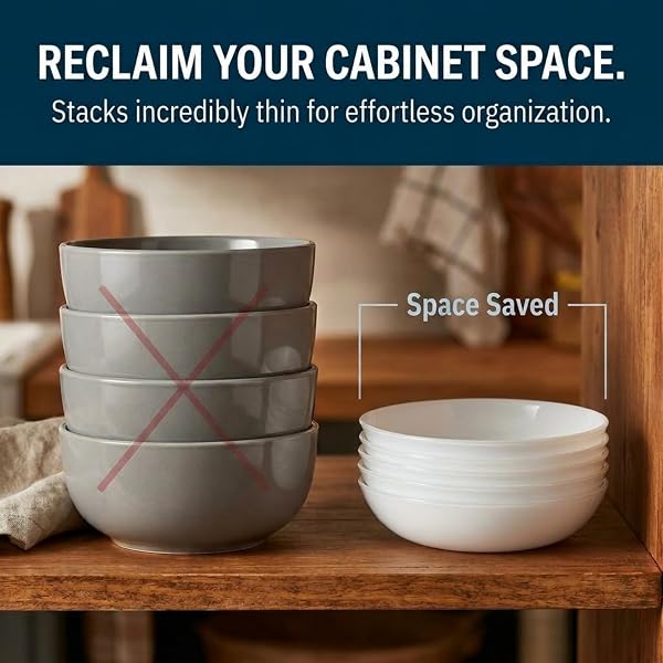 CORELLE 4-PC VERSA BOWLS FOR PASTA SALAD AND MORE, SERVICE FOR 4, DURABLE AND ECO-FRIENDLY 30-OZ, COMPACT STACK BOWL SET, MICROWAVE AND DISHWASHER SAFE, WHITE