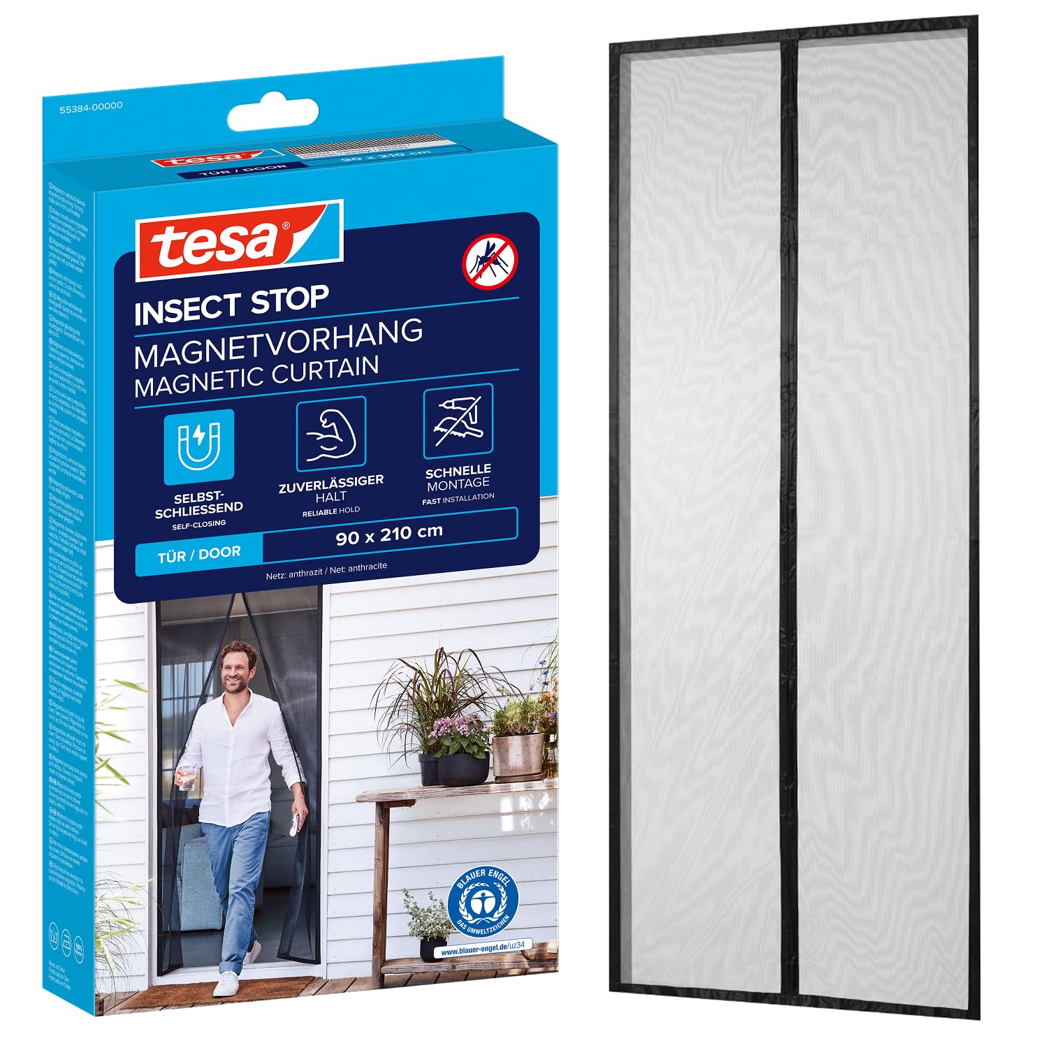 tesa Insect Stop Magnetic Curtain - self-Closing - Insect Screen Curtain with Magnets for Balcony and Patio Doors - for Easy Installation Without Drilling - 2.1 m x 0.9 m — image 1