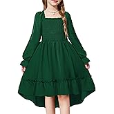 Arshiner Girls Dresses Puff Long Sleeve Fall Winter Smocked High Low Swing Midi Dress with Pockets