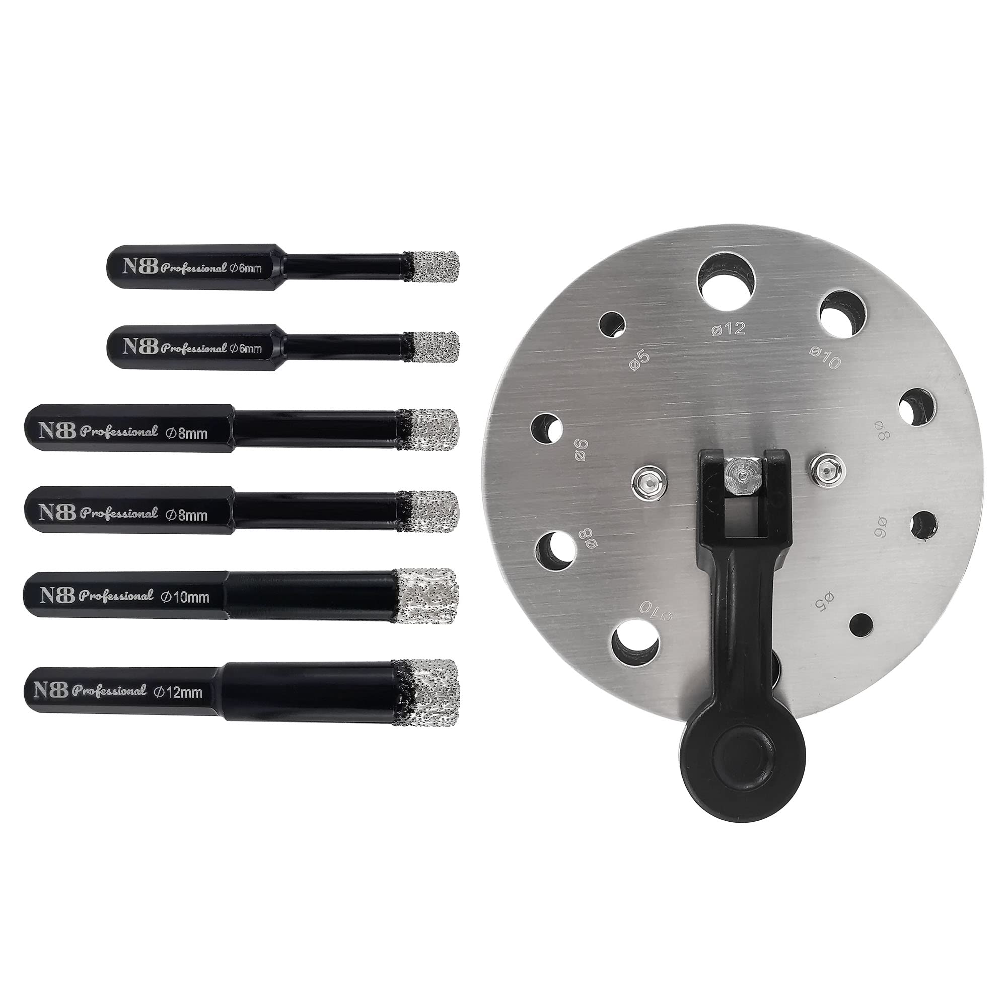 NBB Brazed Diamond Drill Bits with hex shank, for Dry drilling on hard Porcelain, Ceramic, Tile, Granite, Marble, extra life in wet, used on cord or cordless pistol drill(6/6/8/8/10/12mm + 1pc Guide) โ image 1