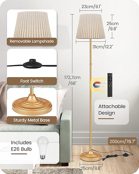 GOEBLESON DIMMABLE FLOOR LAMP FOR LIVING ROOM, 68″ TALL STANDING LAMP, READING LIGHT WITH REMOTE & FOOT PEDAL, 10W LED BULB (3000K-6500K) INCLUDED, FCC LISTED, REINFORCED BASE, GOLD AND BEIGE DE12LD05