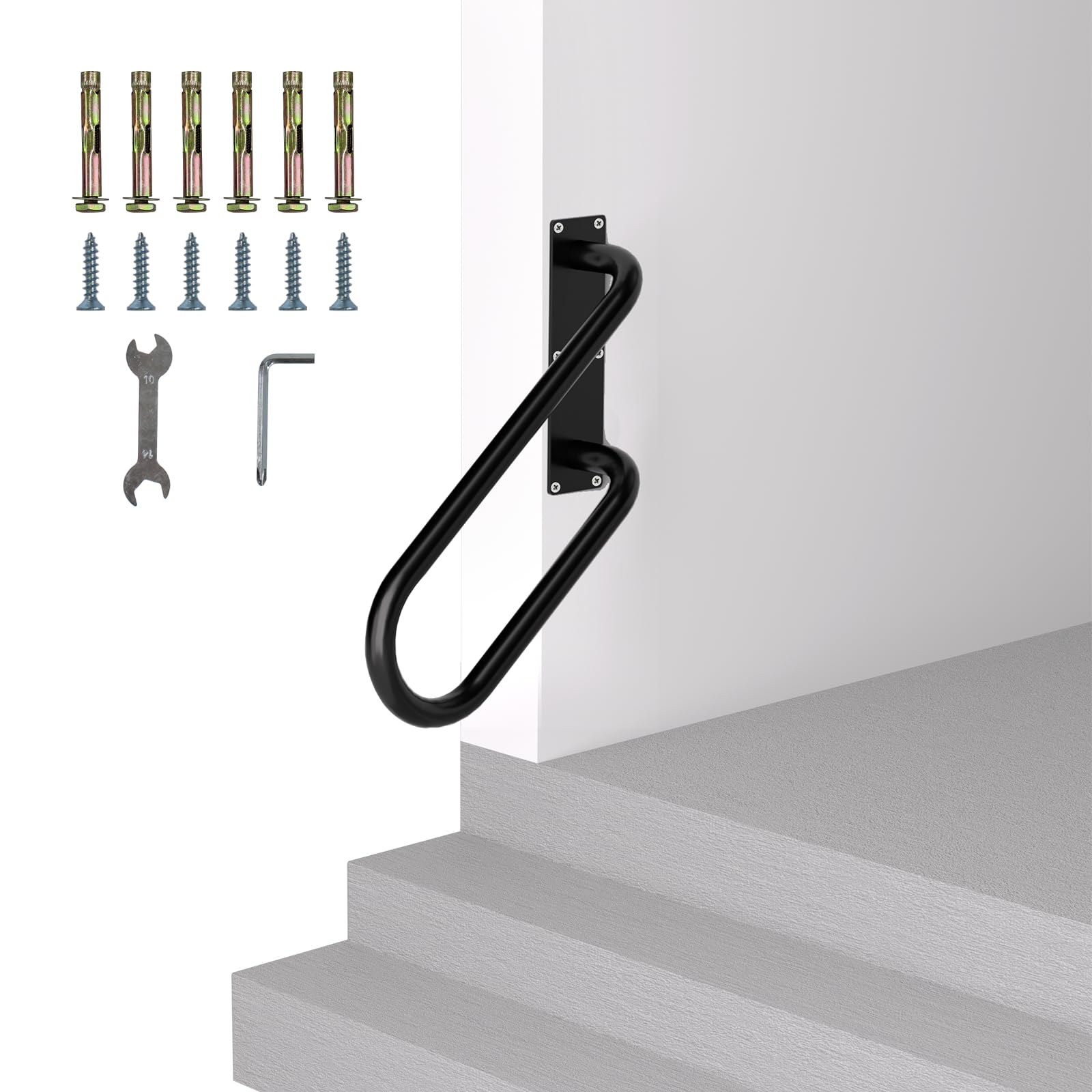 Photo 1 of **missing hardware**Jamb Mount Handrails for Outdoor Steps-1-2 Step Waterproof Stairs Railing-Powder Coated Side Mount Hand Rails for Indoor Stairs-Non-Slip Staircase Grab Rail for Deck/Porch/Mobile Home/Short Stairway