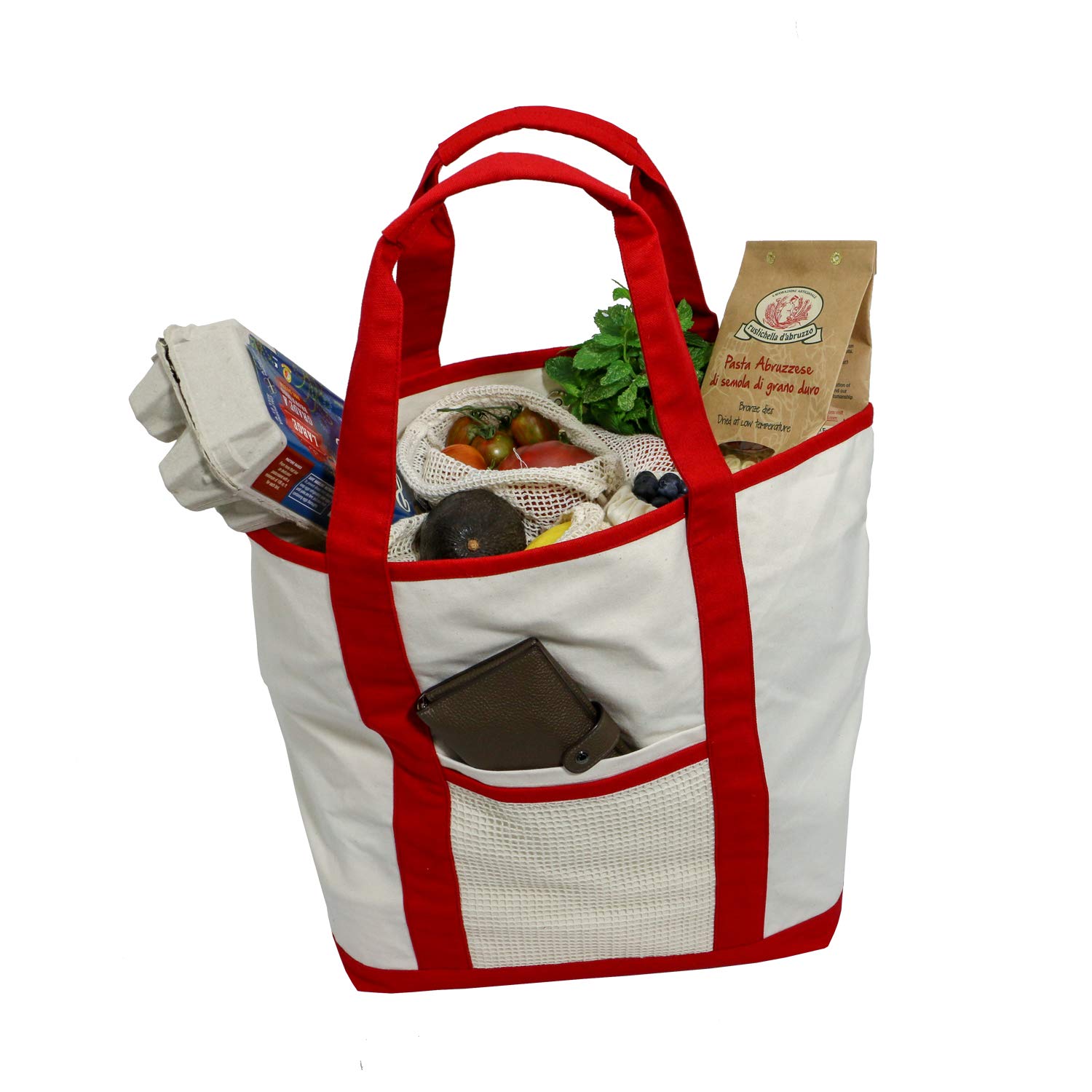 Simple Ecology Reusable Organic Cotton Super Strength XL Grocery Bag - Red (Shopping Bags, Heavy Duty, Washable, Foldable, Pockets, Handbag, Strong Handles, Strong Magnetic Closure)