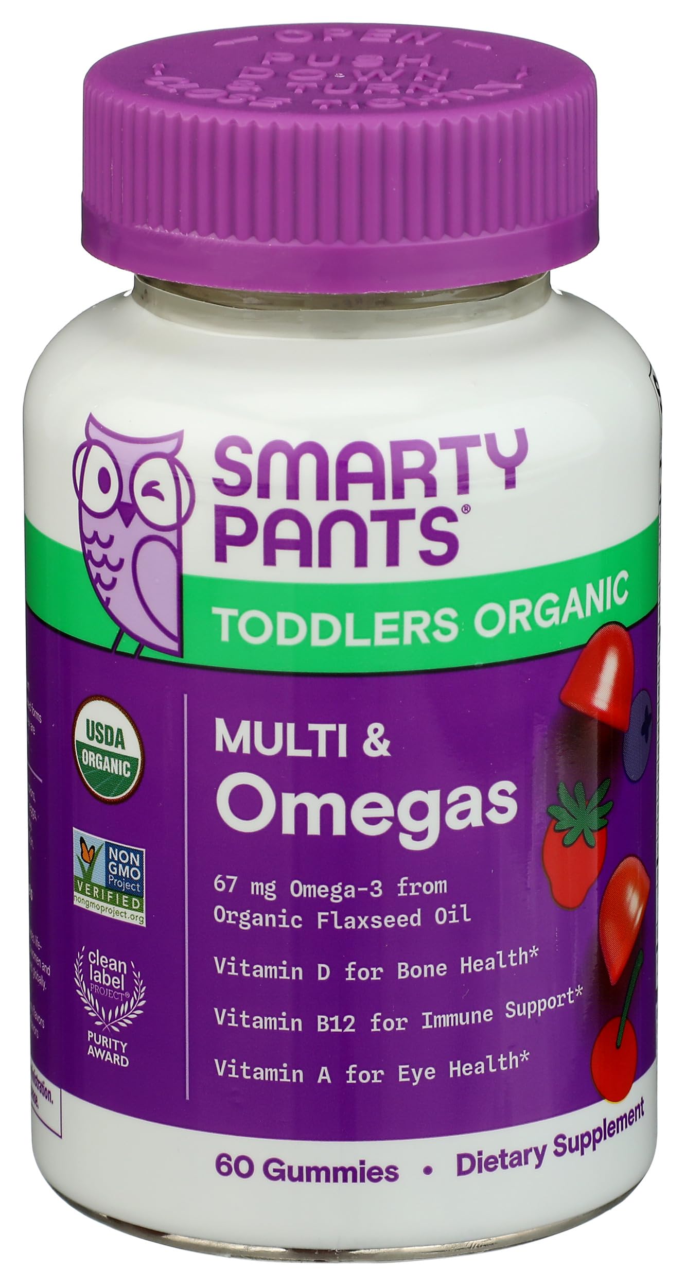 SmartyPants Organic Toddler Multivitamin Gummies: Probiotics, Omega 3 (ALA), Vitamin D3, C, Vitamin B12, B6, A, K & Zinc, Beta Carotene, Gluten Free, Three Fruit Flavors, 60 Count (30 Day Supply)