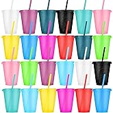 LEIFEOSH 24 Pcs Plastic Tumblers with Lids and Straws, Reusable Cups with Lids Plastic Colorful Cups for Party Birthday, Iced Coffee Cup Travel Mug Cold Drink Tumblers Bulk (16 oz, Multi Colors)