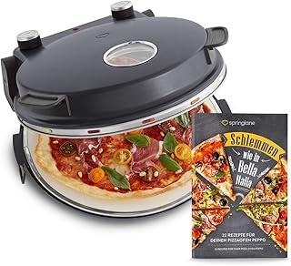 Pizzaofen Peppo 1200 W, Pizzamaker, Minibackofen elektrisch für Pizza & Brot 350°C, Timer & Signallampe, inkl. Emaille-Bratpfanne & 2 großen Pizzawendern + Gratis Rezept (PDF) - anthrazit