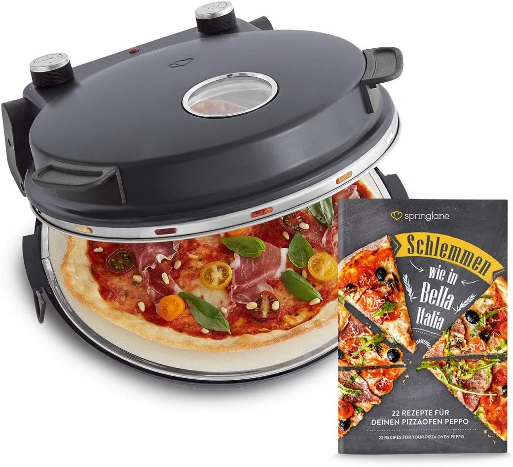Pizzaofen Peppo 1200 W, Pizzamaker, Minibackofen elektrisch für Pizza & Brot 350°C, Timer & Signallampe, inkl. Emaille-Bratpfanne & 2 großen Pizzawendern + Gratis Rezept (PDF) - anthrazit
