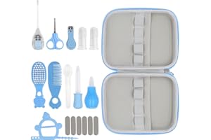 FRERDUI 19 in 1 Baby Grooming Kit,Newborn Nursery Health Care Set Include Hair Brush Comb Finger Toothbrush,Nail Clippers,Nasal Aspirator,Ear Cleaner,etc. for Infant Toddlers Boys Girls Kids(Blue)