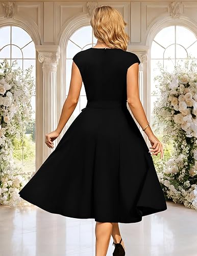 green emerald velvet dress Allegra K Business Elegant Funeral Dresses for Women's Boat Neck 3/4 Sleeve  Pleated Modest Midi Dress X-Small Black at Amazon Women's Clothing store main image 0