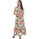 London Times Women's Printed Cotton Poplin Maxi Mandarin Collar-Tiered Ruffled Hem Dresses