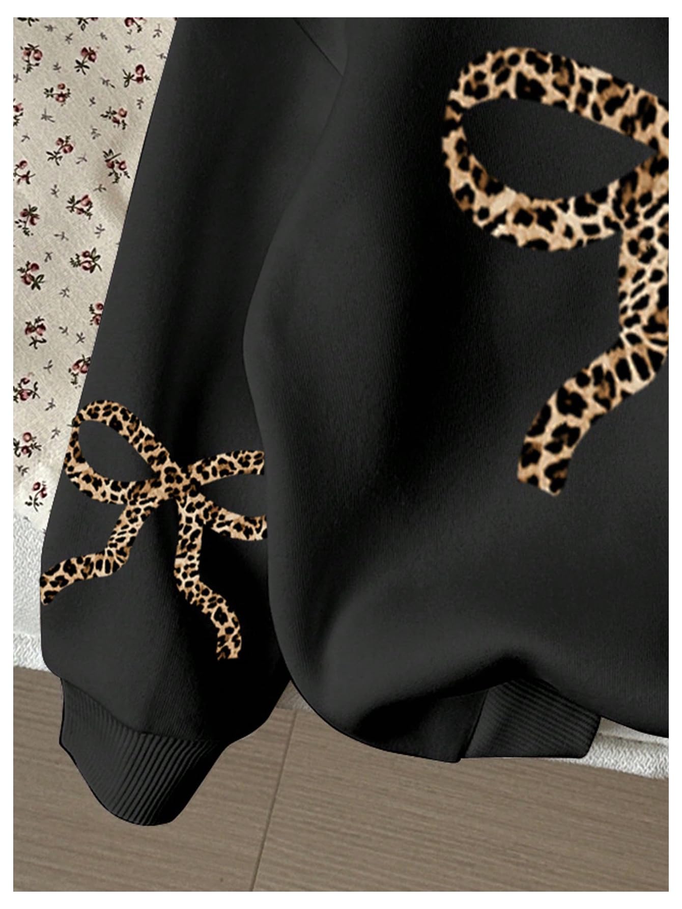 RoseSeek Girl's Bow Cheetah Leopard Hoodies Long Sleeve Pullover Tops Preppy Cute Sweatshirts Hoodies