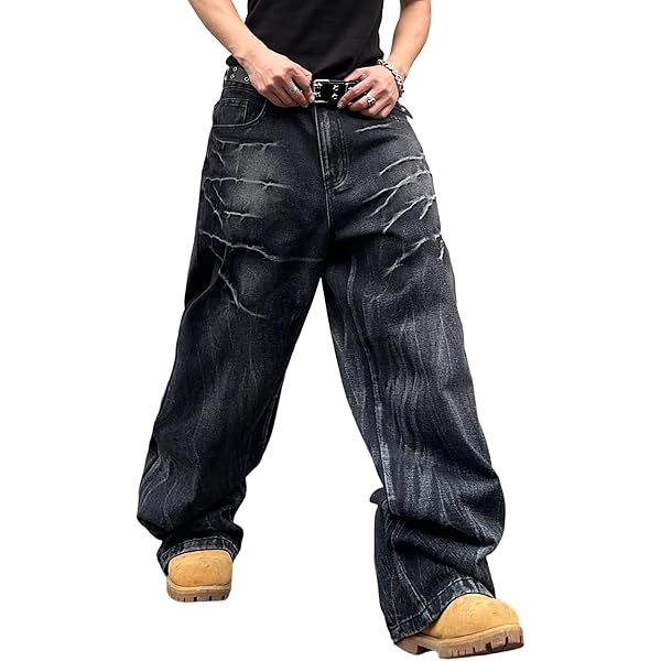 DFGIGT Mens Baggy Jeans Street Rock Style Fringe Frayed Edges