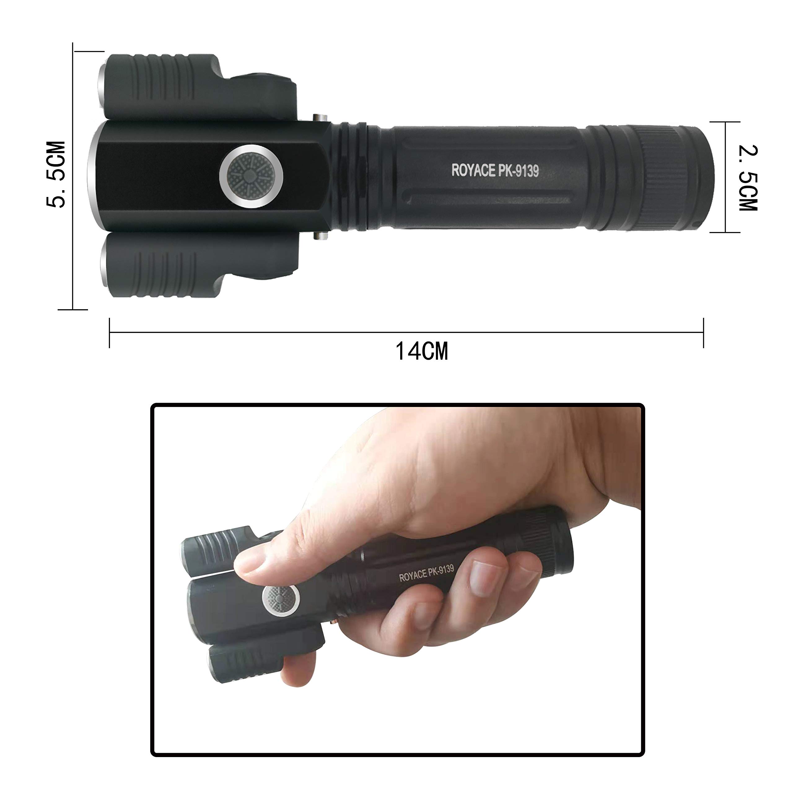 Royace Tactical Flashlight,Police Flashlight Waterproof 1000 Lumen with 3 Head,Rechargeable Emergency Flashlights, Running Headlamp for Home,Camping(Including Rechargeable Battery,Adapter,Holder)