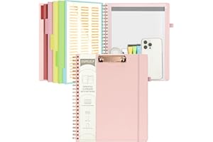 Ospelelf Leather Clipboard Folio with Notepad for Letter Size, Spiral Clipboard Folder with Storage Zipper Pouch, 5 Folders with 10 Pockets, 39 Divider Label Stickers, Pen Loop Series (Pink)