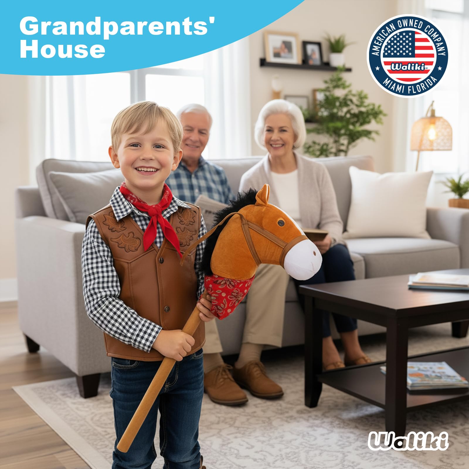 WALIKI Stick Horse Toy for Boys and Girls | Fun Cowboy & Cowgirl Pretend Play | Cool Toys for Kids Ages 3 4 5 6 | Birthday Gift for Active Toddlers (Brown)
